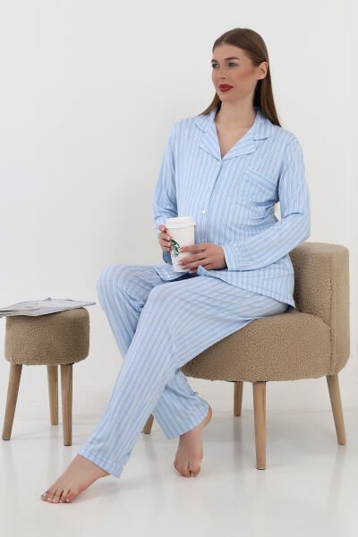 Likapa Önden Düğmeli Hamile Lohusa UZUN KOL PİJAMA TAKIMI Mavi Çizgili - L