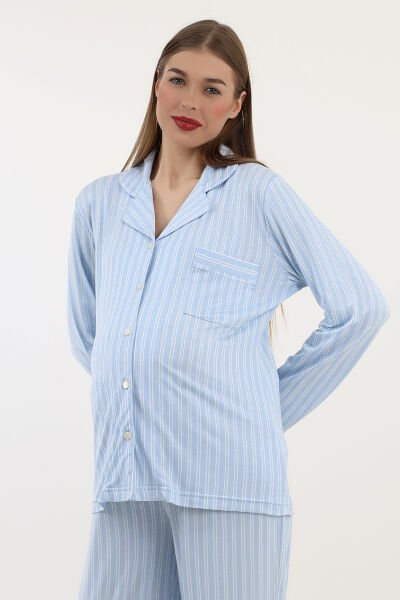 Likapa Önden Düğmeli Hamile Lohusa UZUN KOL PİJAMA TAKIMI Mavi Çizgili - XL