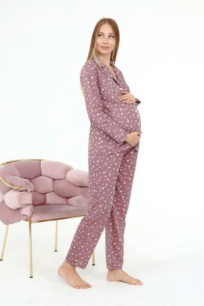 Likapa Penye Önden Düğmeli Hamile Lohusa UZUN KOL PİJAMA TAKIMI Kahve Yıldız - L