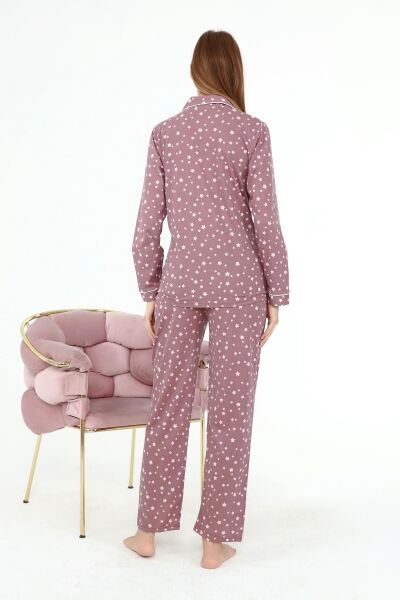 Likapa Penye Önden Düğmeli Hamile Lohusa UZUN KOL PİJAMA TAKIMI Kahve Yıldız - L