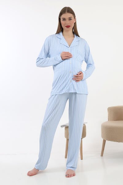 Likapa Önden Düğmeli Hamile Lohusa UZUN KOL PİJAMA TAKIMI Mavi Çizgili - 2XL