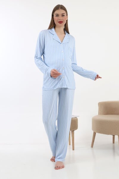 Likapa Önden Düğmeli Hamile Lohusa UZUN KOL PİJAMA TAKIMI Mavi Çizgili - 2XL