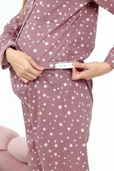 Likapa Penye Önden Düğmeli Hamile Lohusa UZUN KOL PİJAMA TAKIMI Kahve Yıldız - XL