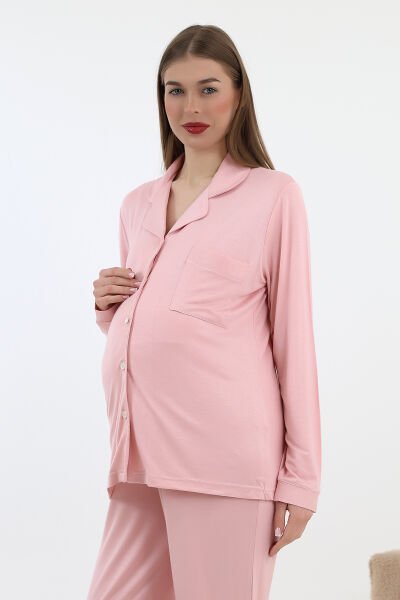 Likapa Önden Düğmeli Hamile Lohusa UZUN KOL PİJAMA TAKIMI Pembe - M