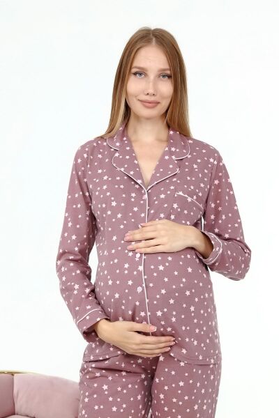 Likapa Penye Önden Düğmeli Hamile Lohusa UZUN KOL PİJAMA TAKIMI Kahve Yıldız - 3XL