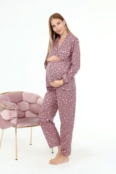 Likapa Penye Önden Düğmeli Hamile Lohusa UZUN KOL PİJAMA TAKIMI Kahve Yıldız - 3XL