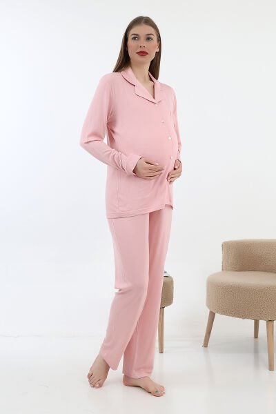 Likapa Önden Düğmeli Hamile Lohusa UZUN KOL PİJAMA TAKIMI Pembe - XL