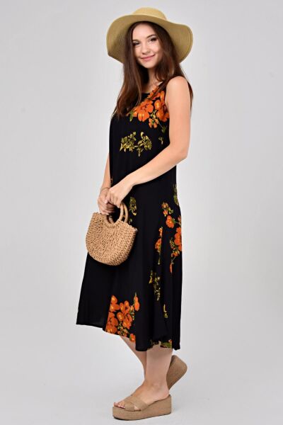 Likapa Yazlık Askılı Viskon Elbise 2691 Siyah Tutuncu - XL
