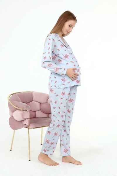 Likapa Penye Önden Düğmeli Hamile Lohusa UZUN KOL PİJAMA TAKIMI MAVİ YAPRAK - L