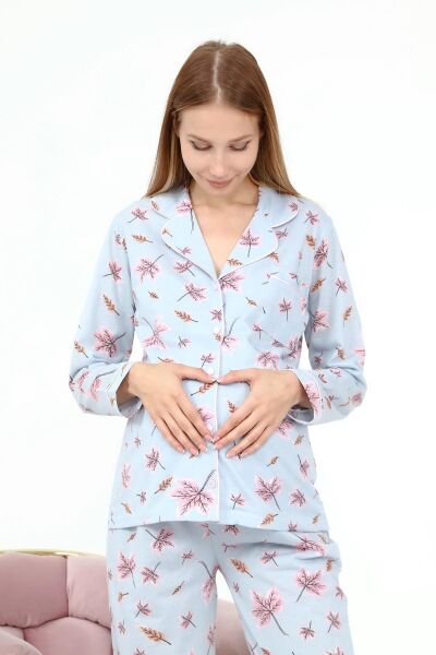 Likapa Penye Önden Düğmeli Hamile Lohusa UZUN KOL PİJAMA TAKIMI MAVİ YAPRAK - XL