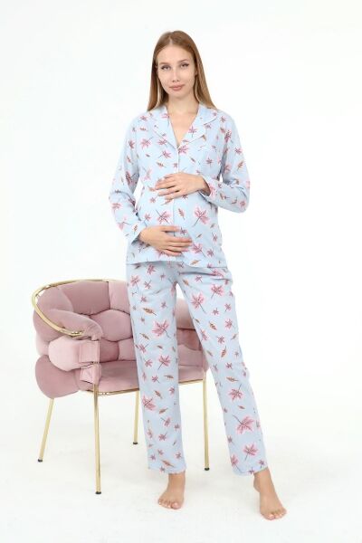 Likapa Penye Önden Düğmeli Hamile Lohusa UZUN KOL PİJAMA TAKIMI MAVİ YAPRAK - 2XL