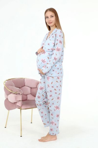 Likapa Penye Önden Düğmeli Hamile Lohusa UZUN KOL PİJAMA TAKIMI MAVİ YAPRAK - 2XL