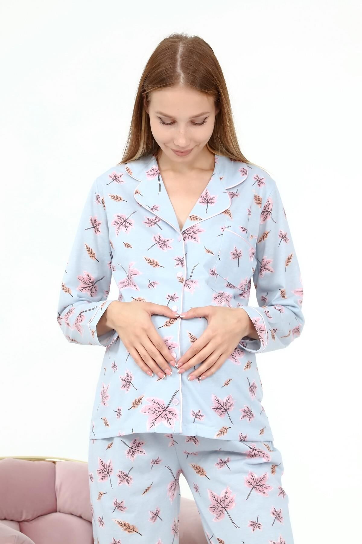 Likapa Penye Önden Düğmeli Hamile Lohusa UZUN KOL PİJAMA TAKIMI MAVİ YAPRAK