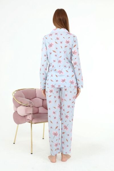 Likapa Penye Önden Düğmeli Hamile Lohusa UZUN KOL PİJAMA TAKIMI MAVİ YAPRAK