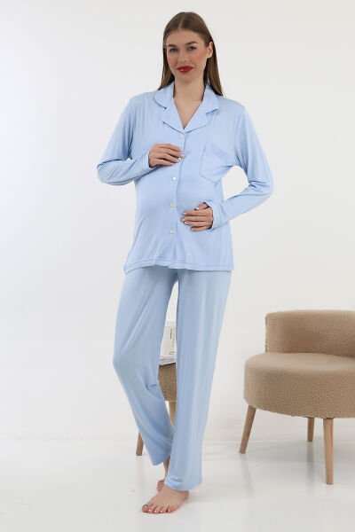 Likapa Önden Düğmeli Hamile Lohusa UZUN KOL PİJAMA TAKIMI Mavi - 2XL