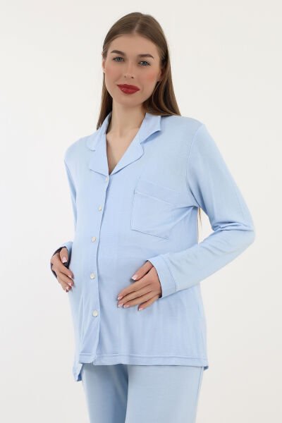 Likapa Önden Düğmeli Hamile Lohusa UZUN KOL PİJAMA TAKIMI Mavi - 2XL