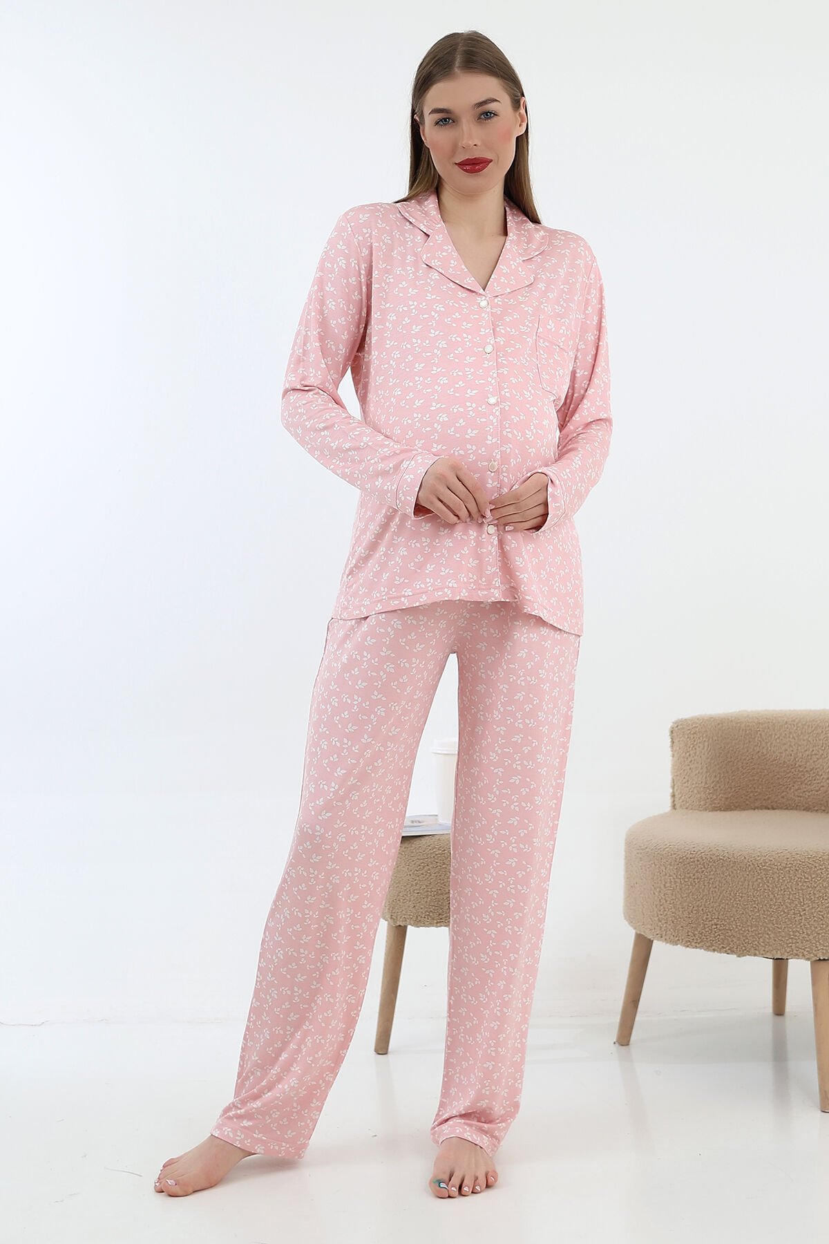 Likapa Önden Düğmeli Hamile Lohusa UZUN KOL PİJAMA TAKIMI PEMBE ÇİÇEK - 2XL