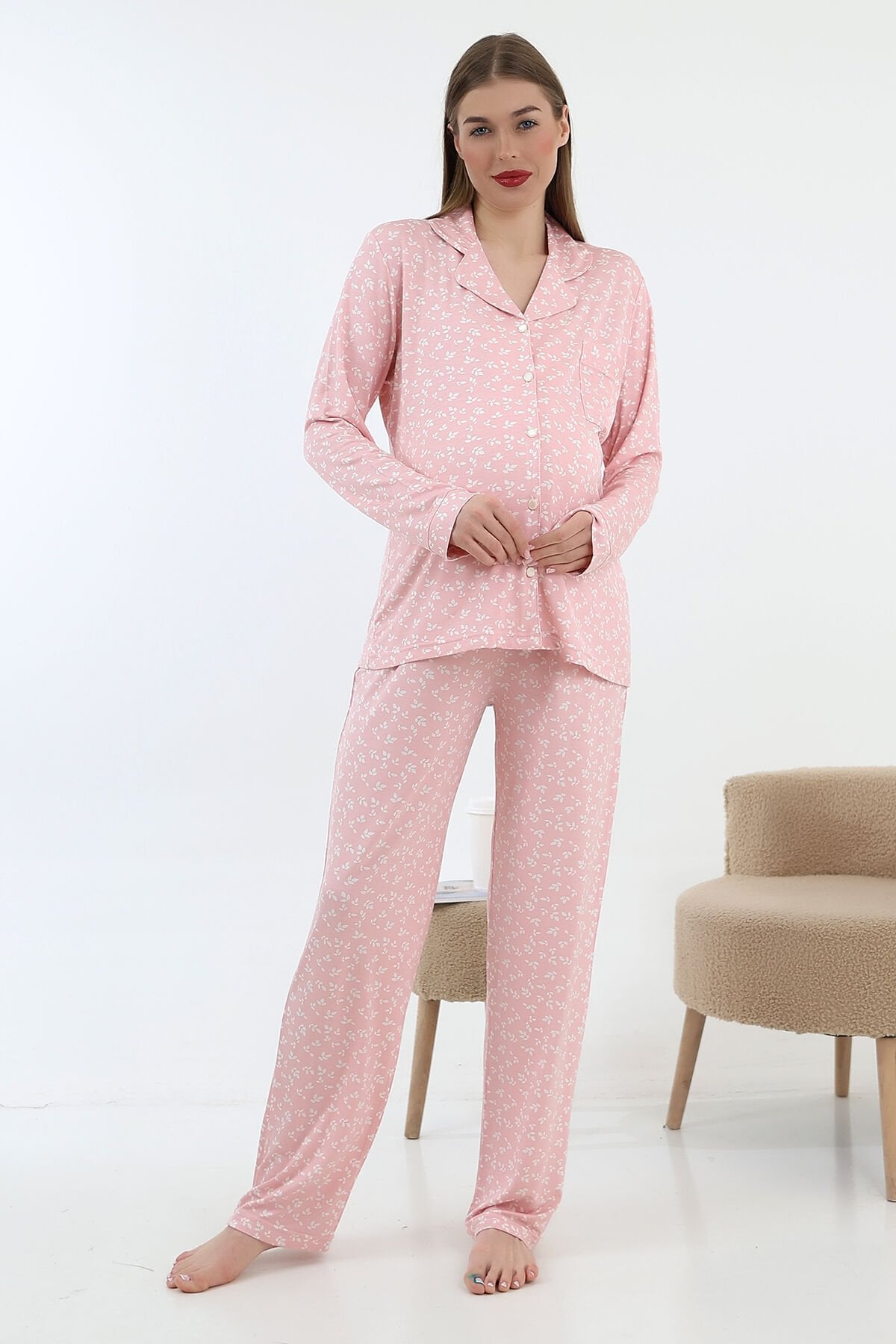 Likapa Önden Düğmeli Hamile Lohusa UZUN KOL PİJAMA TAKIMI PEMBE ÇİÇEK - 2XL