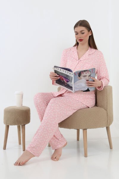 Likapa Önden Düğmeli Hamile Lohusa UZUN KOL PİJAMA TAKIMI PEMBE ÇİÇEK - 2XL