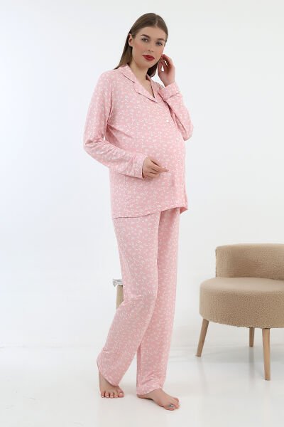 Likapa Önden Düğmeli Hamile Lohusa UZUN KOL PİJAMA TAKIMI PEMBE ÇİÇEK - 2XL