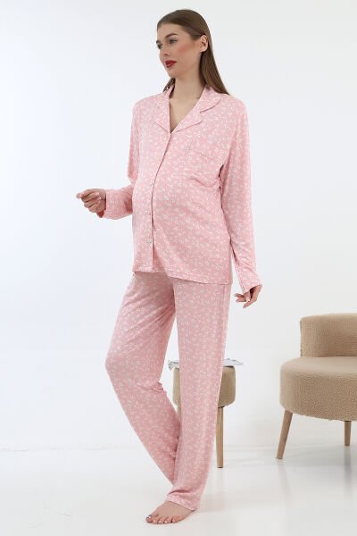 Likapa Önden Düğmeli Hamile Lohusa UZUN KOL PİJAMA TAKIMI PEMBE ÇİÇEK - 2XL