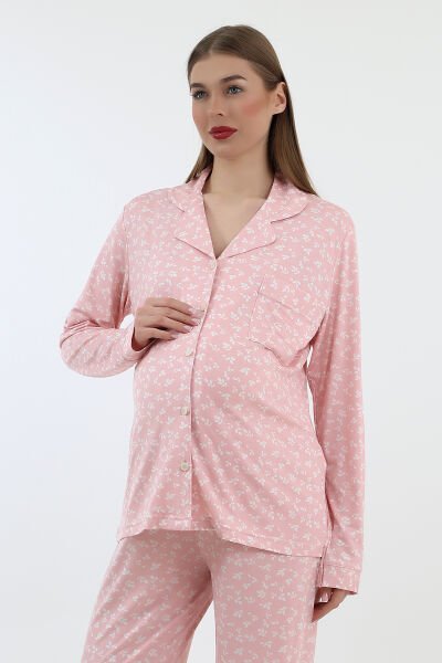 Likapa Önden Düğmeli Hamile Lohusa UZUN KOL PİJAMA TAKIMI PEMBE ÇİÇEK - 2XL