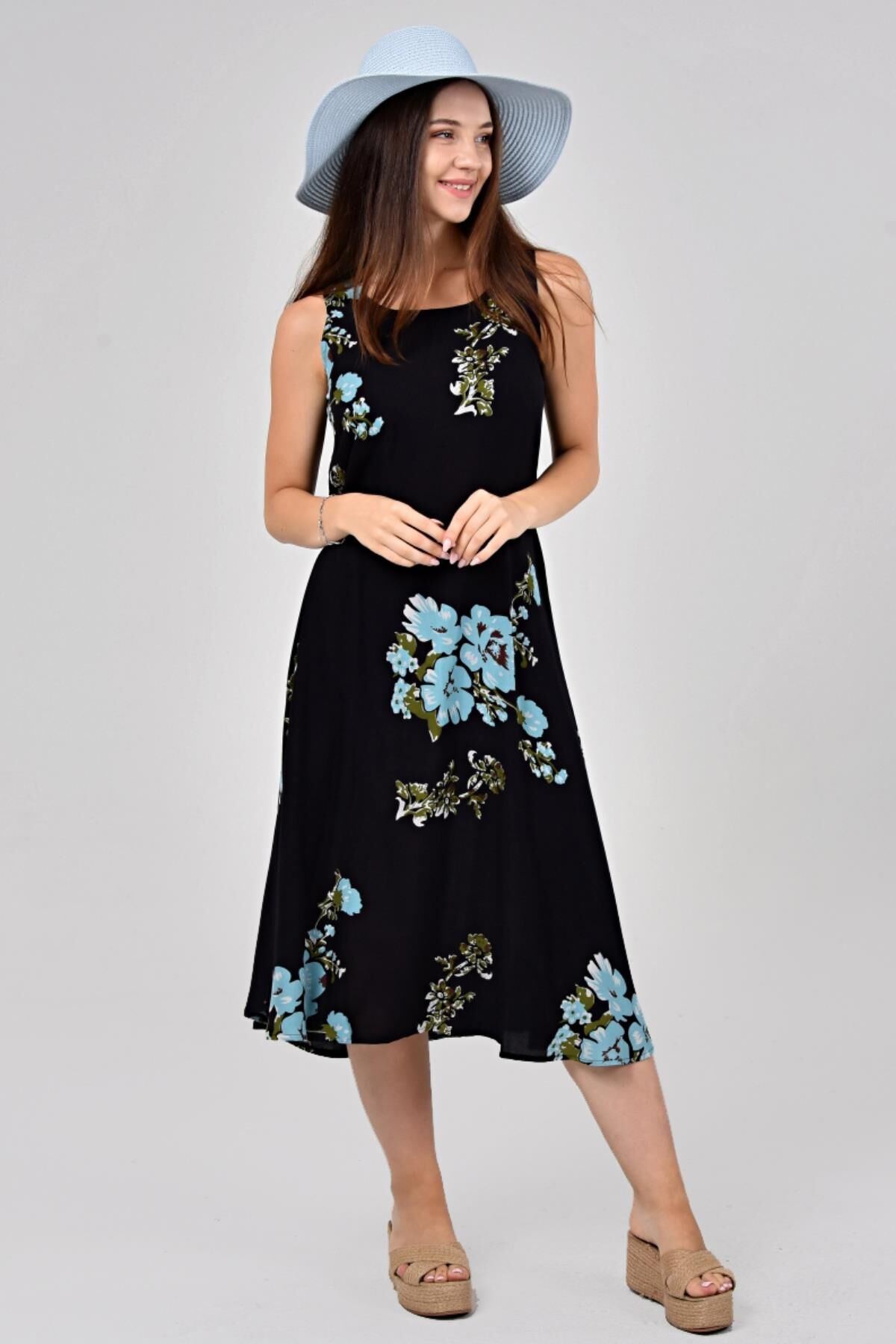 Likapa Yazlık Askılı Viskon Elbise 2691 Siyah Mavi - XL