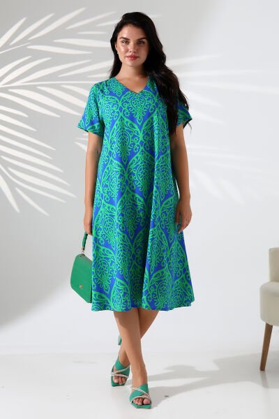 Likapa Yazlık Büyük Beden Viskon  V Yaka Kısa Kol Elbise 2688 YESİL ŞAL - M