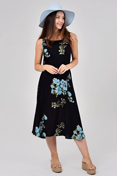 Likapa Yazlık Askılı Viskon Elbise 2691 Siyah Mavi - 2XL