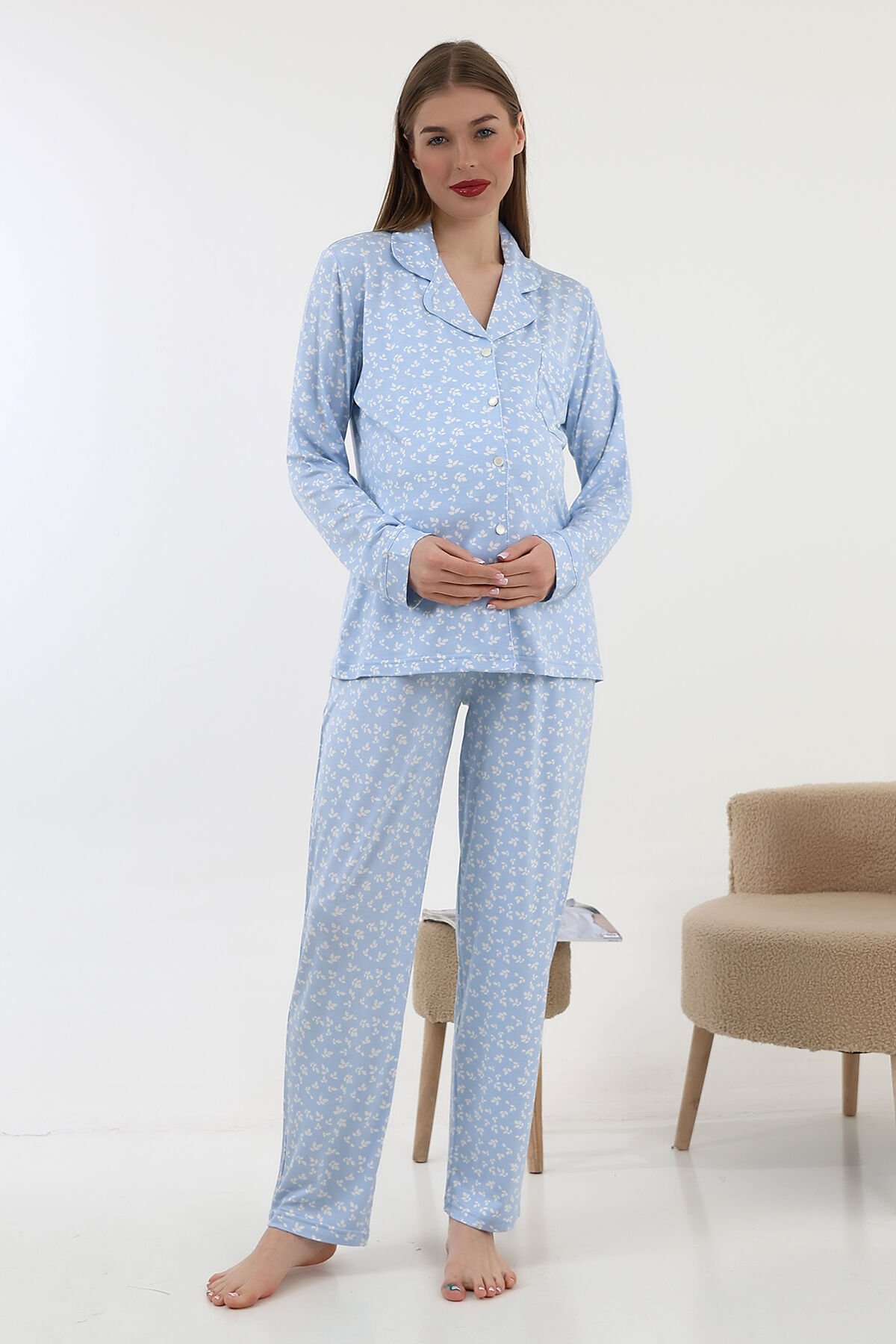 Likapa Önden Düğmeli Hamile Lohusa UZUN KOL PİJAMA TAKIMI MAVİ ÇİÇEK - XL