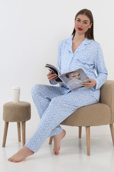 Likapa Önden Düğmeli Hamile Lohusa UZUN KOL PİJAMA TAKIMI MAVİ ÇİÇEK - 2XL