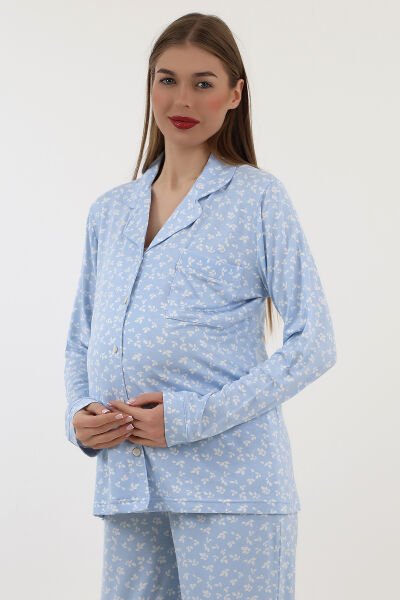 Likapa Önden Düğmeli Hamile Lohusa UZUN KOL PİJAMA TAKIMI MAVİ ÇİÇEK - 2XL