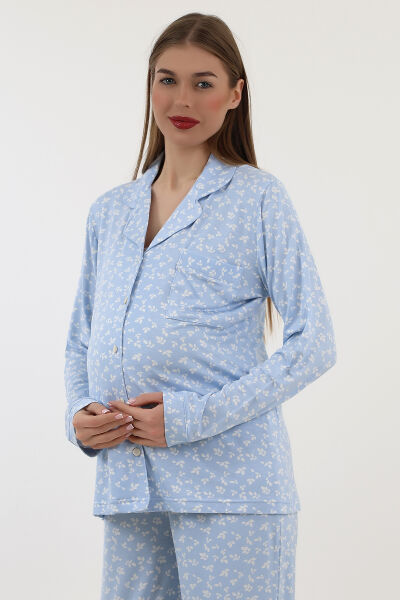 Likapa Önden Düğmeli Hamile Lohusa UZUN KOL PİJAMA TAKIMI MAVİ ÇİÇEK - 2XL
