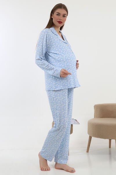 Likapa Önden Düğmeli Hamile Lohusa UZUN KOL PİJAMA TAKIMI MAVİ ÇİÇEK - 2XL