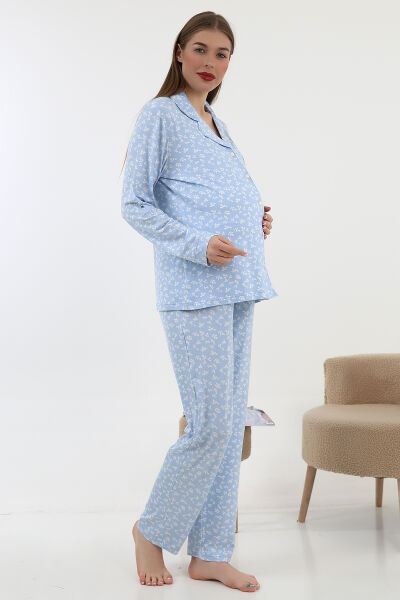 Likapa Önden Düğmeli Hamile Lohusa UZUN KOL PİJAMA TAKIMI MAVİ ÇİÇEK - 2XL