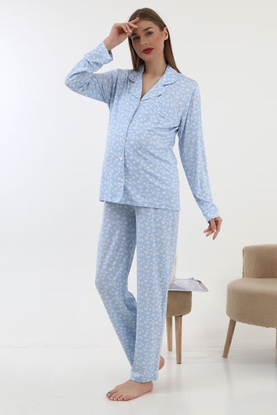 Likapa Önden Düğmeli Hamile Lohusa UZUN KOL PİJAMA TAKIMI MAVİ ÇİÇEK - 2XL