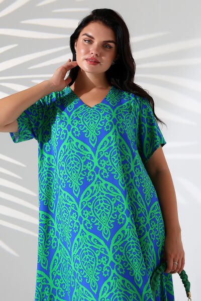 Likapa Yazlık Büyük Beden Viskon  V Yaka Kısa Kol Elbise 2688 YESİL ŞAL - 2XL