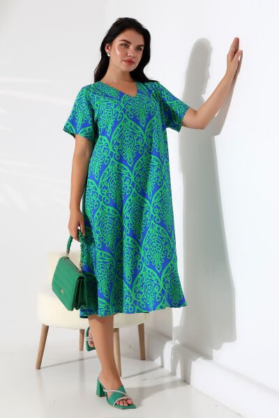 Likapa Yazlık Büyük Beden Viskon  V Yaka Kısa Kol Elbise 2688 YESİL ŞAL - 2XL