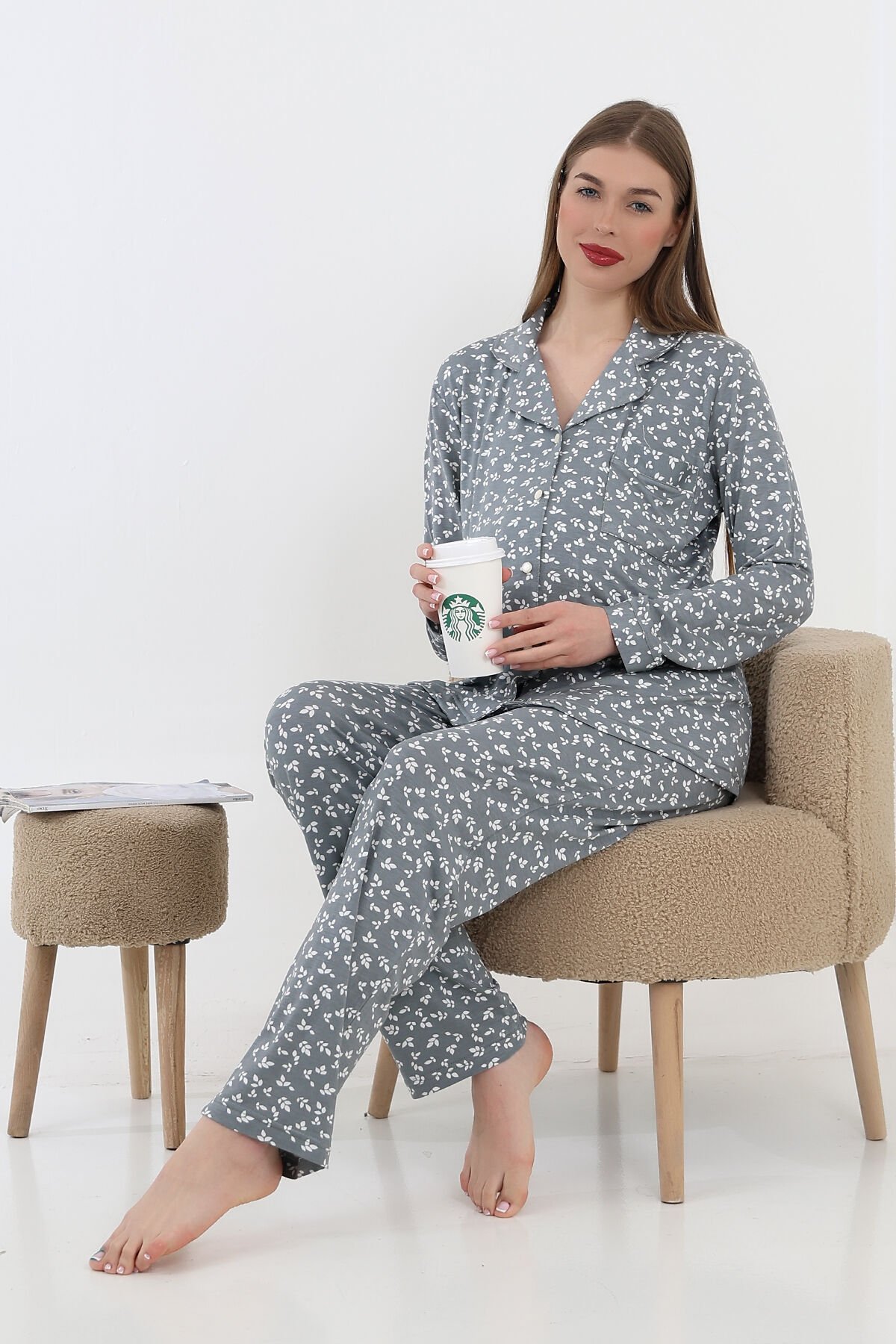 Likapa Önden Düğmeli Hamile Lohusa UZUN KOL PİJAMA TAKIMI GRİ - M