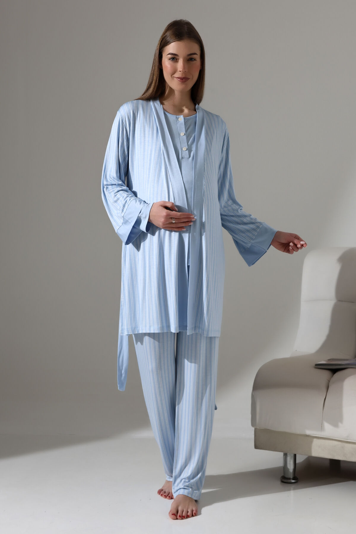 LikapaShop 3'LÜ HAMİLE PİJAMA TAKIMI Mavi Çizgili - XL