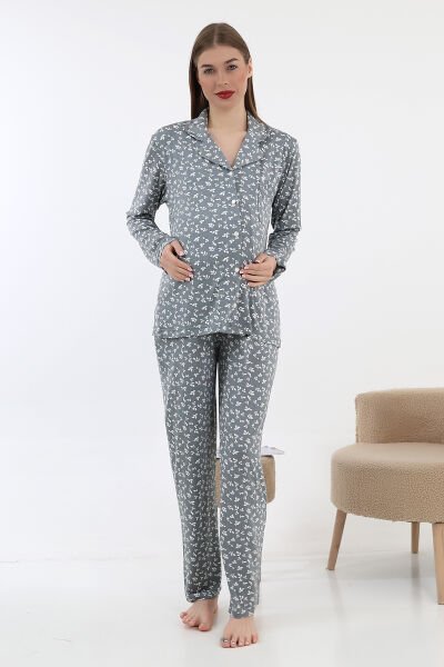 Likapa Önden Düğmeli Hamile Lohusa UZUN KOL PİJAMA TAKIMI GRİ - L