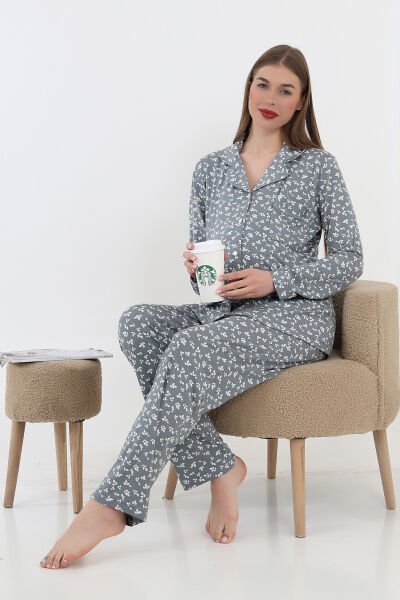 Likapa Önden Düğmeli Hamile Lohusa UZUN KOL PİJAMA TAKIMI GRİ - XL
