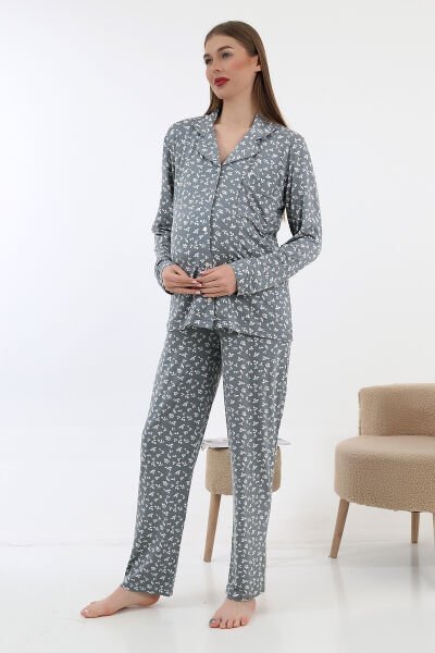 Likapa Önden Düğmeli Hamile Lohusa UZUN KOL PİJAMA TAKIMI GRİ - XL
