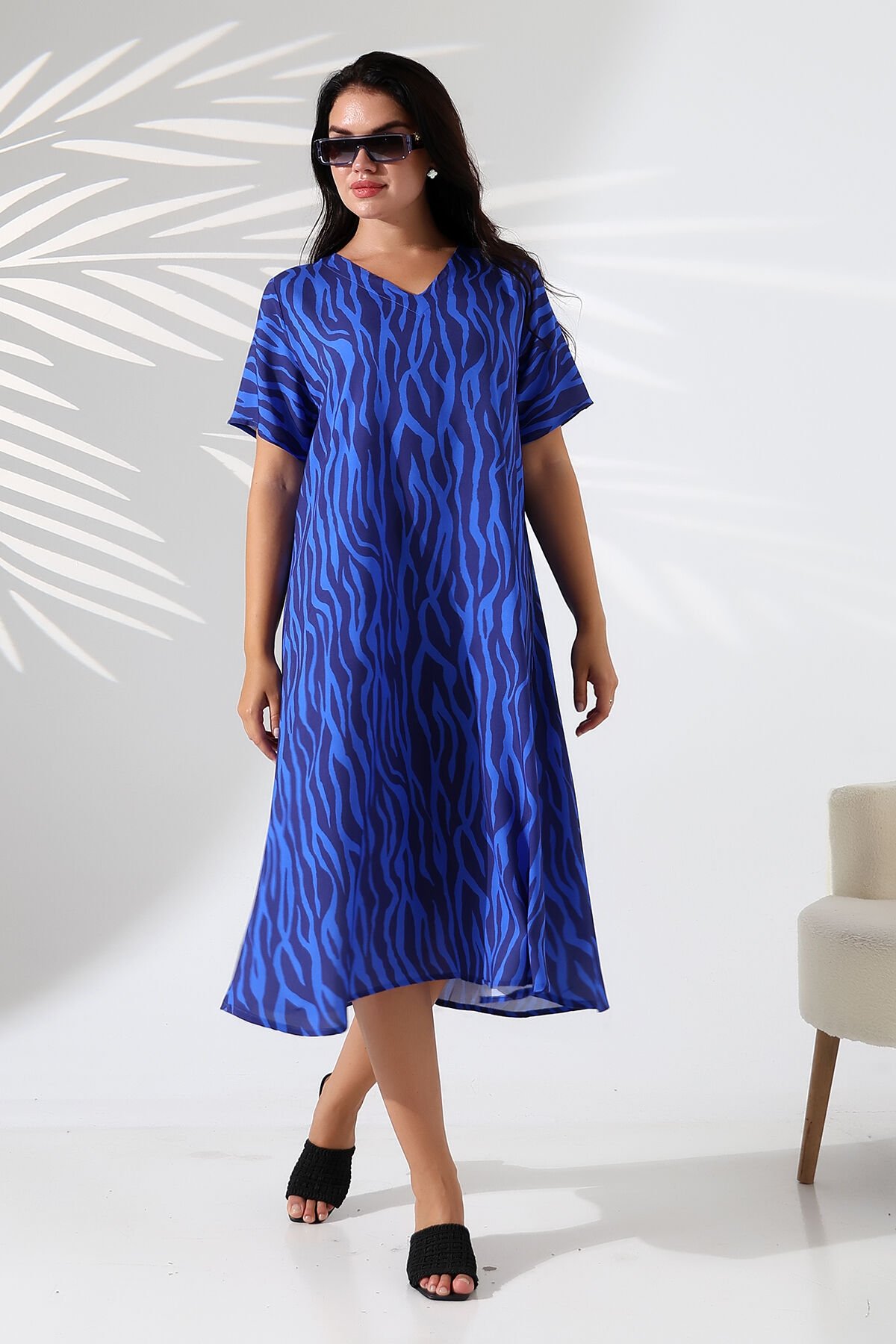 Likapa Yazlık Büyük Beden Viskon  V Yaka Kısa Kol Elbise 2688 2XL