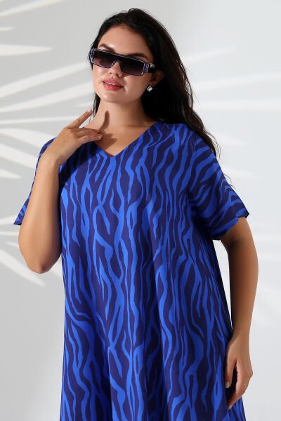 Likapa Yazlık Büyük Beden Viskon  V Yaka Kısa Kol Elbise 2688 2XL