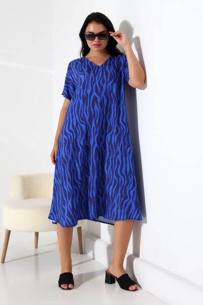 Likapa Yazlık Büyük Beden Viskon  V Yaka Kısa Kol Elbise 2688 2XL
