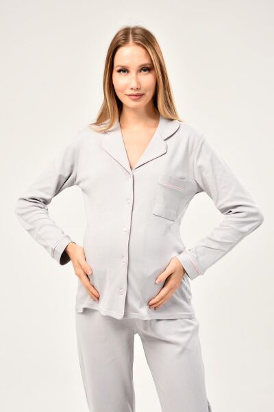 Likapa İnterlok Düğmeli Hamile Lohusa Uzun Kol Pijama Takımı 1354-01 2XL - GRİ