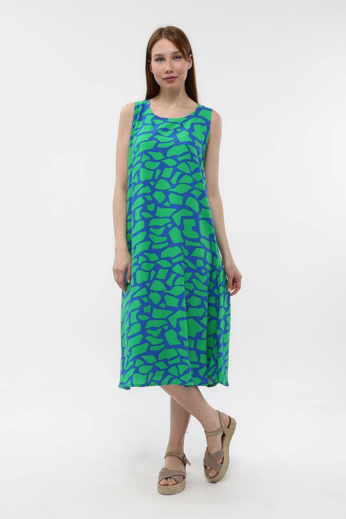 Likapa Yazlık Askılı Viskon Elbise 2691 Yeşil - Sax Desen - XL