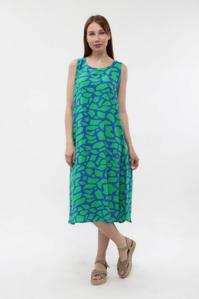 Likapa Yazlık Askılı Viskon Elbise 2691 Yeşil - Sax Desen - 2XL