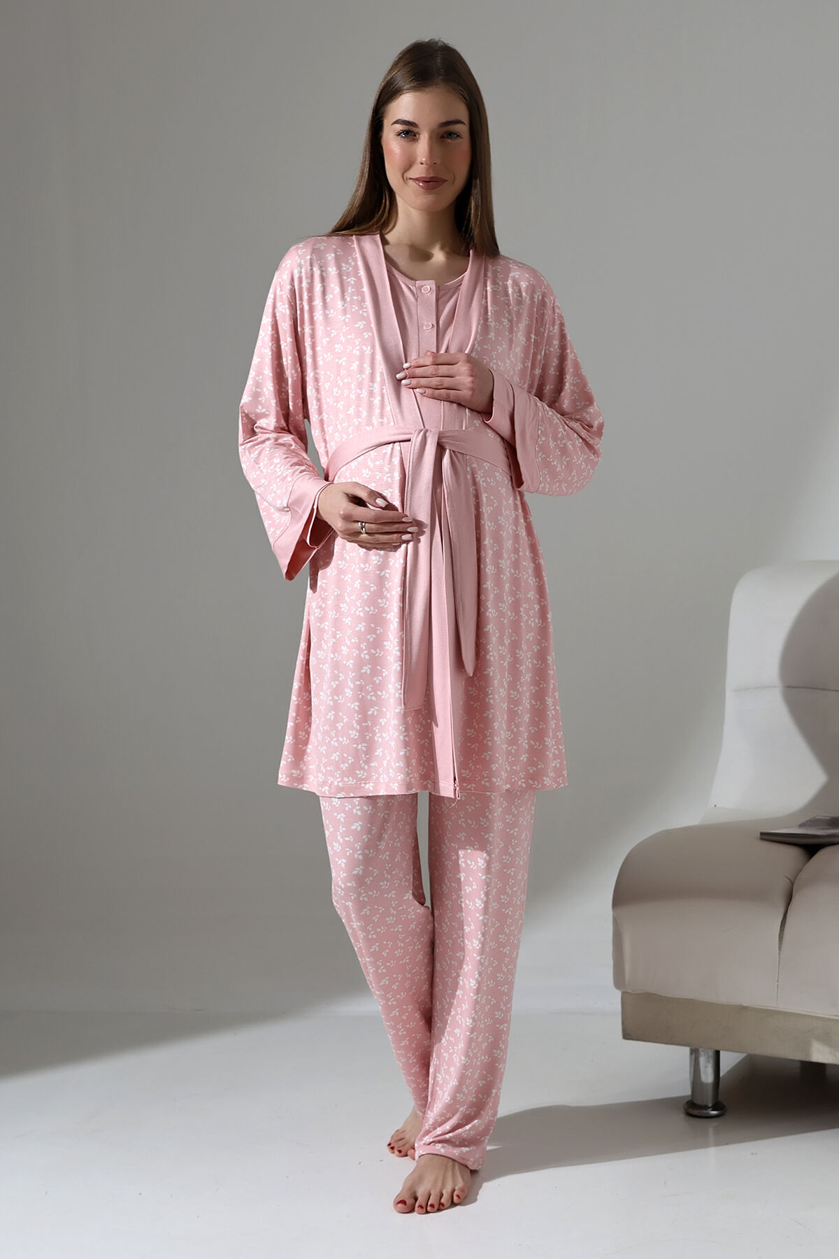 LikapaShop 3'LÜ HAMİLE PİJAMA TAKIMI Pembe Küçük Çiçekli - M